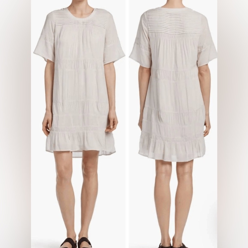 James Perse Tiered Viscose Mini Dress Grey White Boho Ruffle Size 2 Medium